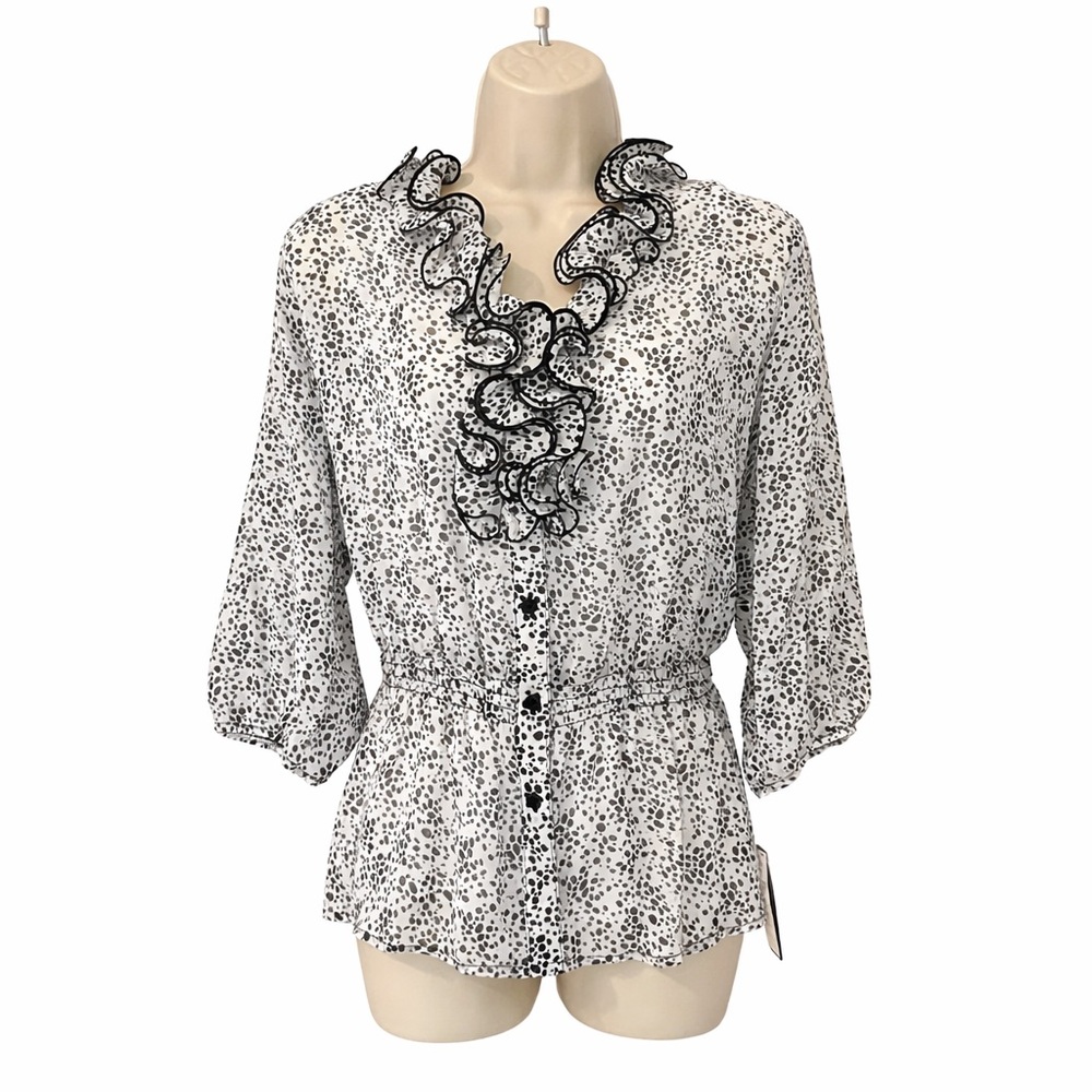 I.N. Studio Woman 2X Black White Ruffle Blouse Sheer 3/4 Sleeve Elastic Cuff NWT